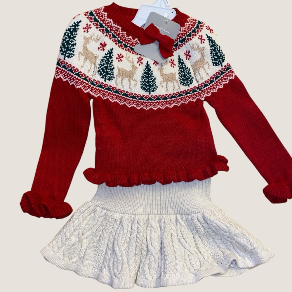 NEW TAHARI KIDS HOLIDAY SET•REINDEER SWEATER•CABLE-KNIT SKIRT•HAIR BOW•S/2T🎄